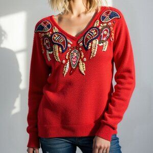 Vintage Red Shirt 2000s | Hand-Embroidered with Rhinestones | Alexa Grace Size M